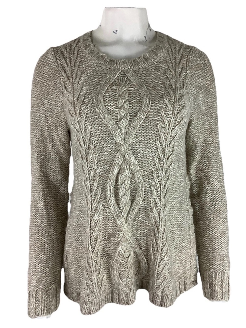 Madewell Sz M Firelight Cable Knit Side Slit Pullover Sweater Oatmeal Brown